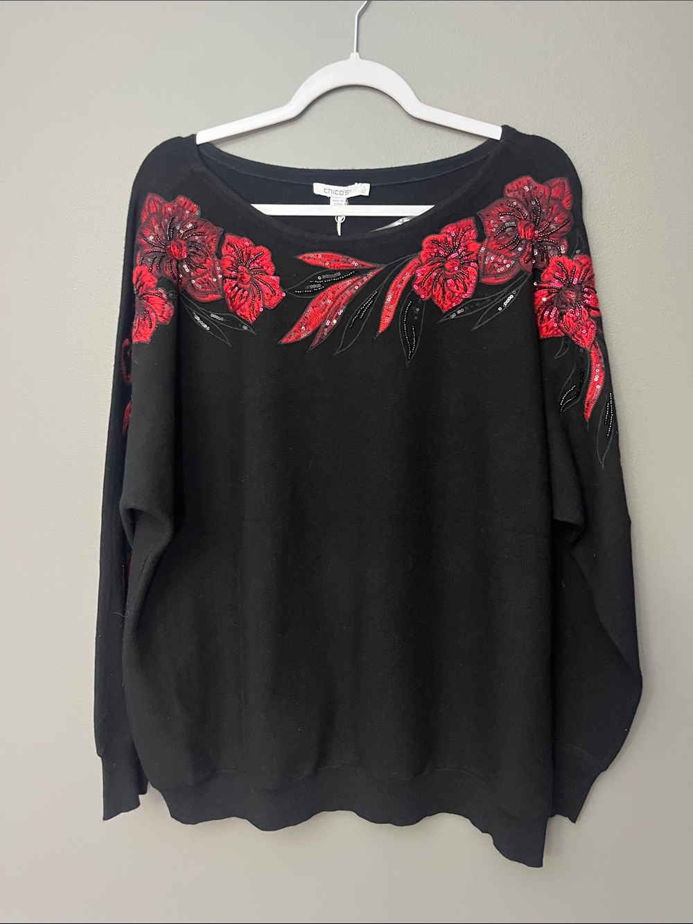 Chico's Black Sweater with Red Floral Embellishment Sequins - Size XXL